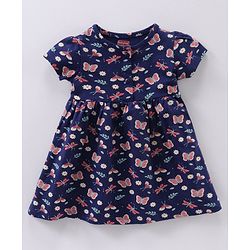 Babyhug 100% Cotton Half Sleeves Frocks Butterfly Print Pack Of 2 - Navy Blue Red