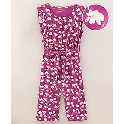 Babyhug 100% Cotton Sleeveless Jumpsuit Floral Print - Purple
