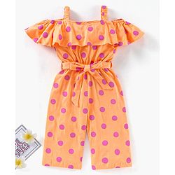 Babyhug 100% Cotton Cold Shoulder Jumpsuit Polka Dot Print - Peach