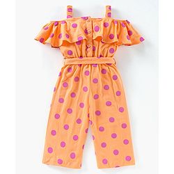 Babyhug 100% Cotton Cold Shoulder Jumpsuit Polka Dot Print - Peach