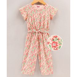 Babyhug 100% Cotton Half Sleeves Jumpsuit Floral Print - Peach