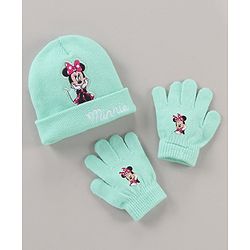 Babyhug Woollen Cap & Gloves Set Minnie Mouse Print Aqua - Diameter 10.5 cm