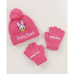 Babyhug Woollen Cap & Gloves Set With Pom Pom Detailing & Daisy Duck Print Pink - Diameter 10.5 cm