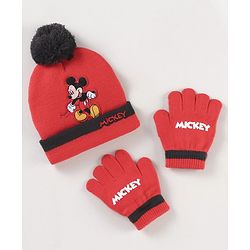 Babyhug Woollen Cap & Gloves Set With Pom Pom Detailing & Mickey Mouse Print Red - Diameter 10.5 cm