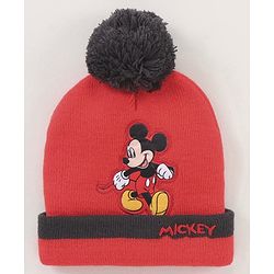 Babyhug Woollen Cap & Gloves Set With Pom Pom Detailing & Mickey Mouse Print Red - Diameter 10.5 cm
