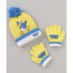 Babyhug Woollen Cap & Gloves Set With Pom Pom Detailing & Donald Duck Print Yellow - Diameter 10.5 cm