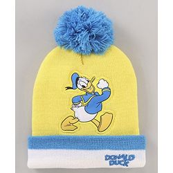 Babyhug Woollen Cap & Gloves Set With Pom Pom Detailing & Donald Duck Print Yellow - Diameter 10.5 cm