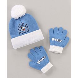 Babyhug Woollen Cap & Gloves Set With Pom Pom Detailing & Mickey Mouse Print Red - Diameter 10.5 cm