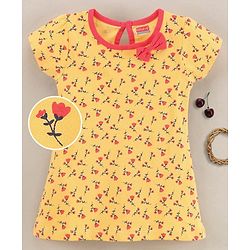 Babyhug Half Sleeves 100% Cotton Floral Print Frock with Bow - Yellow