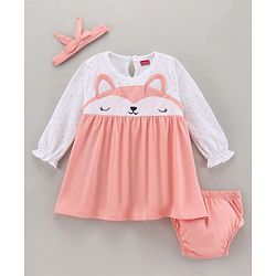 Babyhug 100% Cotton Full Sleeves Frock with Bloomer Polka Dot Print and Animal Face Embroidery - Peach