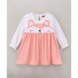 Babyhug 100% Cotton Full Sleeves Frock with Bloomer Polka Dot Print and Animal Face Embroidery - Peach