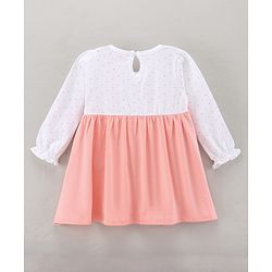 Babyhug 100% Cotton Full Sleeves Frock with Bloomer Polka Dot Print and Animal Face Embroidery - Peach