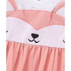 Babyhug 100% Cotton Full Sleeves Frock with Bloomer Polka Dot Print and Animal Face Embroidery - Peach