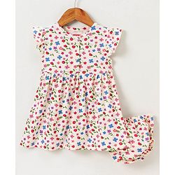 Babyhug 100% Cotton Short Sleeves Frock with Bloomer Floral Print - Lime Cream