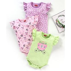 Babyhug 100% Short Sleeves Carriage & Dot Printed Onesies Pack Of 3 - Multicolour