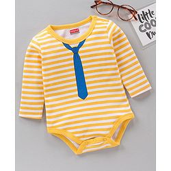 Babyhug 100% Cotton Full Sleeves Onesie Striped And Tie Print- Yellow