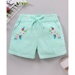 Babyhug Cotton Crinkle Crepe Mid Thigh Length Shorts Floral Embroidered - Mint