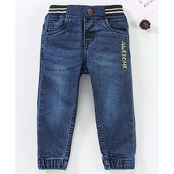 Babyhug Full Length Washed Denim Stretchable Jeans Text Embroidery- Blue