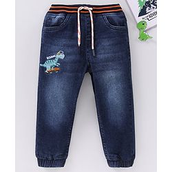 Babyhug Full Length Denim Washed Embroidered Jeans With Stretch - Blue