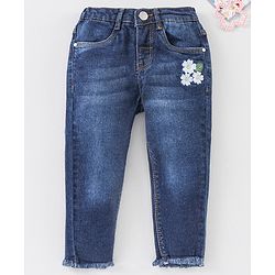 Babyhug Full Length Washed Denim Stretchable Jeans Floral Embroidery- Blue