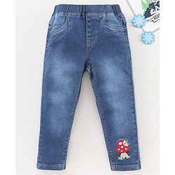 Babyhug Full Length Denim Jeggings Mushroom Embroidery - Blue