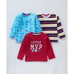 Babyhug Cotton Knit Full Sleeves T-Shirts Stripes & Text Print Pack of 3 - Multicolour