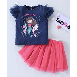 Babyhug Half Sleeves Top & Skirt Mermaid Print - Navy Pink