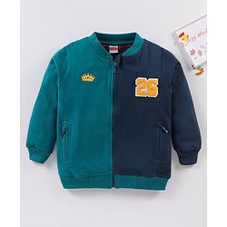 Babyhug Full Sleeves Cotton Knit Front Open Sweat Jacket with Crown & Numeric Embroidery - Navy Green