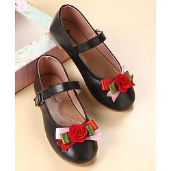 Cute Walk by Babyhug Party Wear Belly Shoes Floral Applique - Black Red