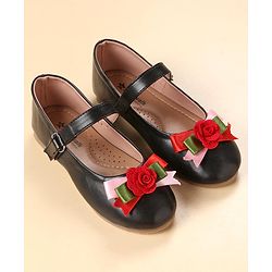 Cute Walk by Babyhug Party Wear Belly Shoes Floral Applique - Black Red