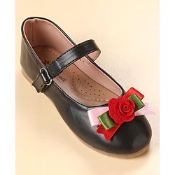 Cute Walk by Babyhug Party Wear Belly Shoes Floral Applique - Black Red