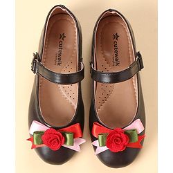 Cute Walk by Babyhug Party Wear Belly Shoes Floral Applique - Black Red