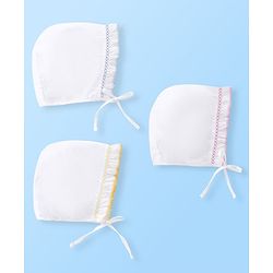 Babyhug Cotton Woven Tie-Knot Cap Set Solid White - Diameter 14 cm