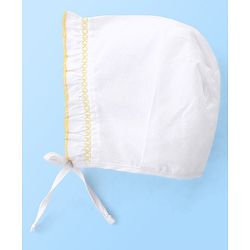 Babyhug Cotton Woven Tie-Knot Cap Set Solid White - Diameter 14 cm