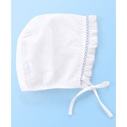 Babyhug Cotton Woven Tie-Knot Cap Set Solid White - Diameter 14 cm