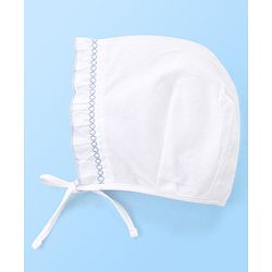Babyhug Cotton Woven Tie-Knot Cap Set Solid White - Diameter 14 cm