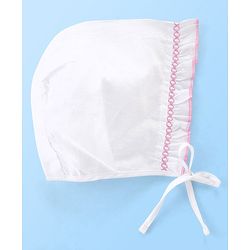 Babyhug Cotton Woven Tie-Knot Cap Set Solid White - Diameter 14 cm