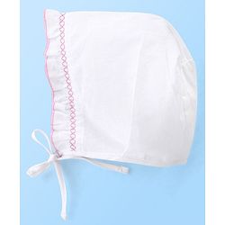 Babyhug Cotton Woven Tie-Knot Cap Set Solid White - Diameter 14 cm