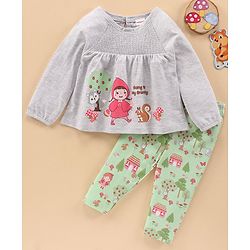 Babyhug Cotton Knit Full Sleeves Top & Pant Set Multiprint - Grey Green