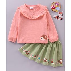 Babyhug Full Sleeves Top and Printed Skirt - Apricot Blush Olive