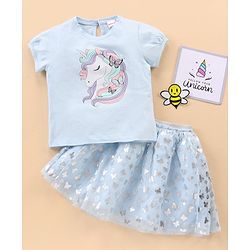 Babyhug Short Sleeves Top & Skirt Set Butterfly Foil Print - Blue