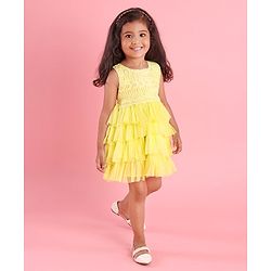 Babyhug Sleeveless Party Wear Frock With Lace - Yellow