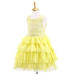 Babyhug Sleeveless Party Wear Frock With Lace - Yellow