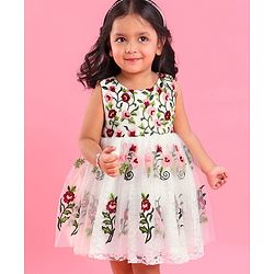 Babyhug Sleeveless Embroidered Party Frock - White