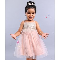 Babyhug Sleeveless Frilled Party Wear Frock With Sequin Detailing & Glitter Print- Light Orange