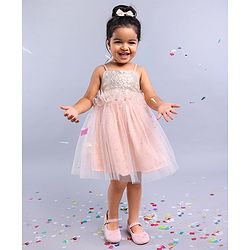 Babyhug Sleeveless Frilled Party Wear Frock With Sequin Detailing & Glitter Print- Light Orange