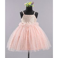Babyhug Sleeveless Frilled Party Wear Frock With Sequin Detailing & Glitter Print- Light Orange