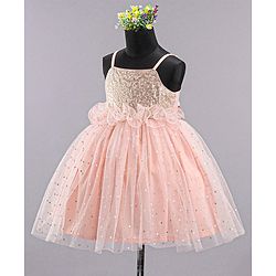 Babyhug Sleeveless Frilled Party Wear Frock With Sequin Detailing & Glitter Print- Light Orange