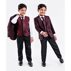 Babyhug Full Sleeves 5 Pcs Party Suit In Jacquard Blazer Waist Coat & Stretch Fit Pants - Wine