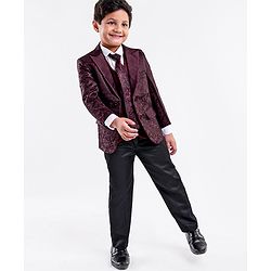 Babyhug Full Sleeves 5 Pcs Party Suit In Jacquard Blazer Waist Coat & Stretch Fit Pants - Wine